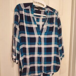 Blue and White Plaid Blouse, Modern Collar, Buttons Rollup 3/4 Sleeves